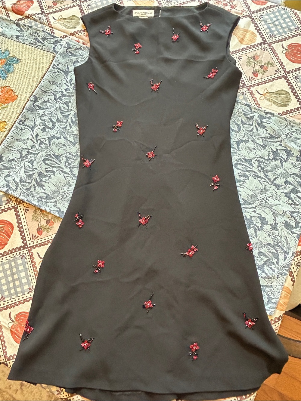 Vintage Y2K Evan Picone black sheath dress with red floral beading